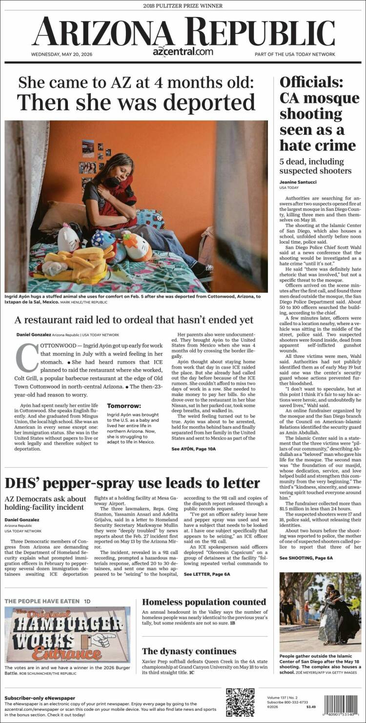 Portada de Arizona Republic News (USA)
