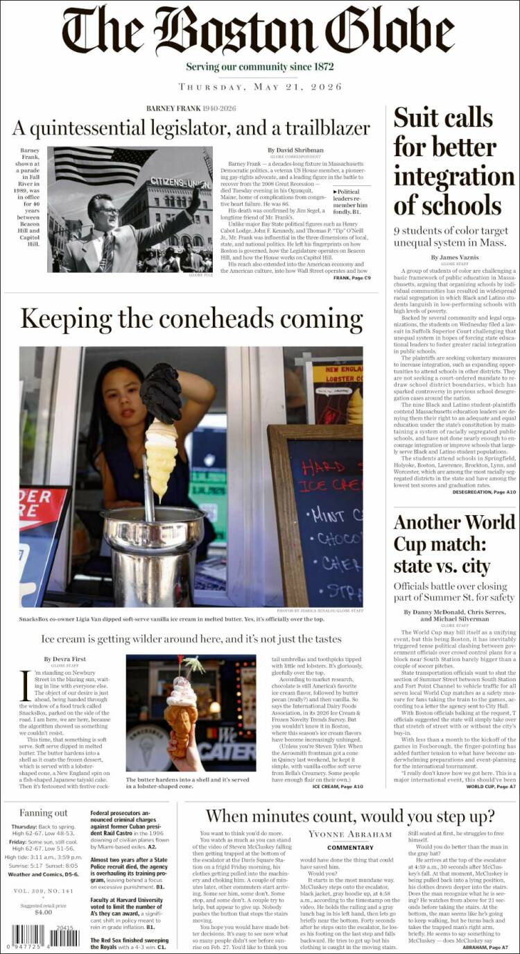 Portada de Boston Globe (USA)