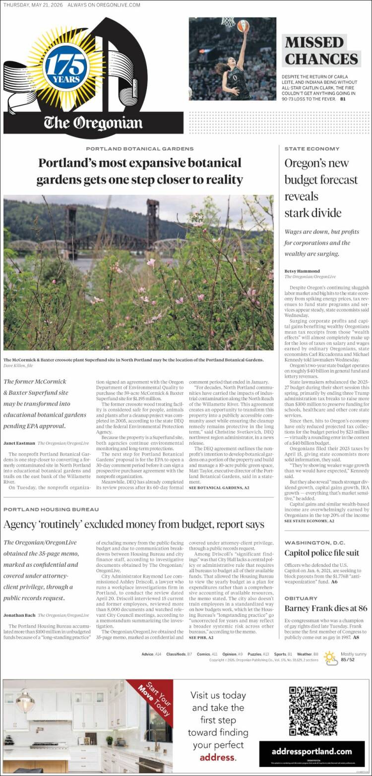 Portada de The Oregonian (USA)