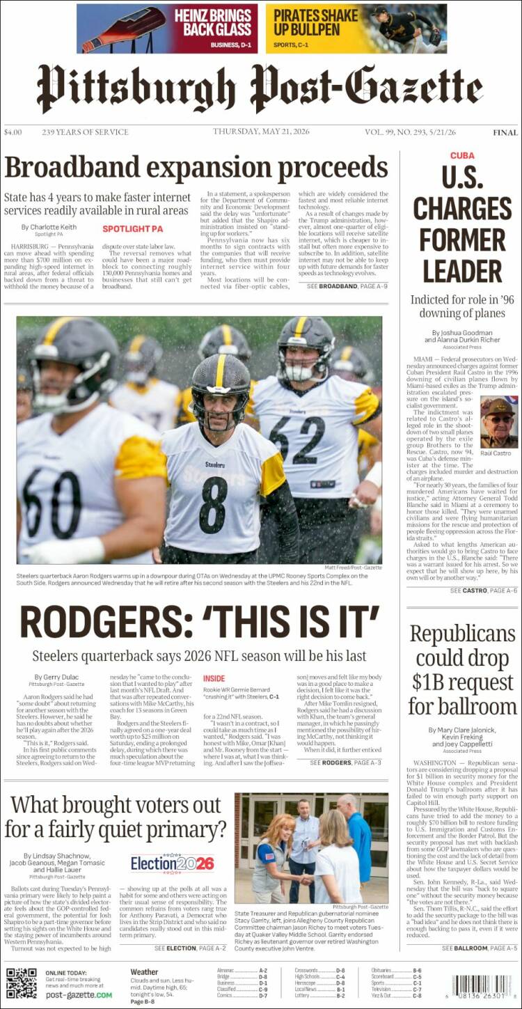 Portada de Pittsburgh Post-Gazette (USA)