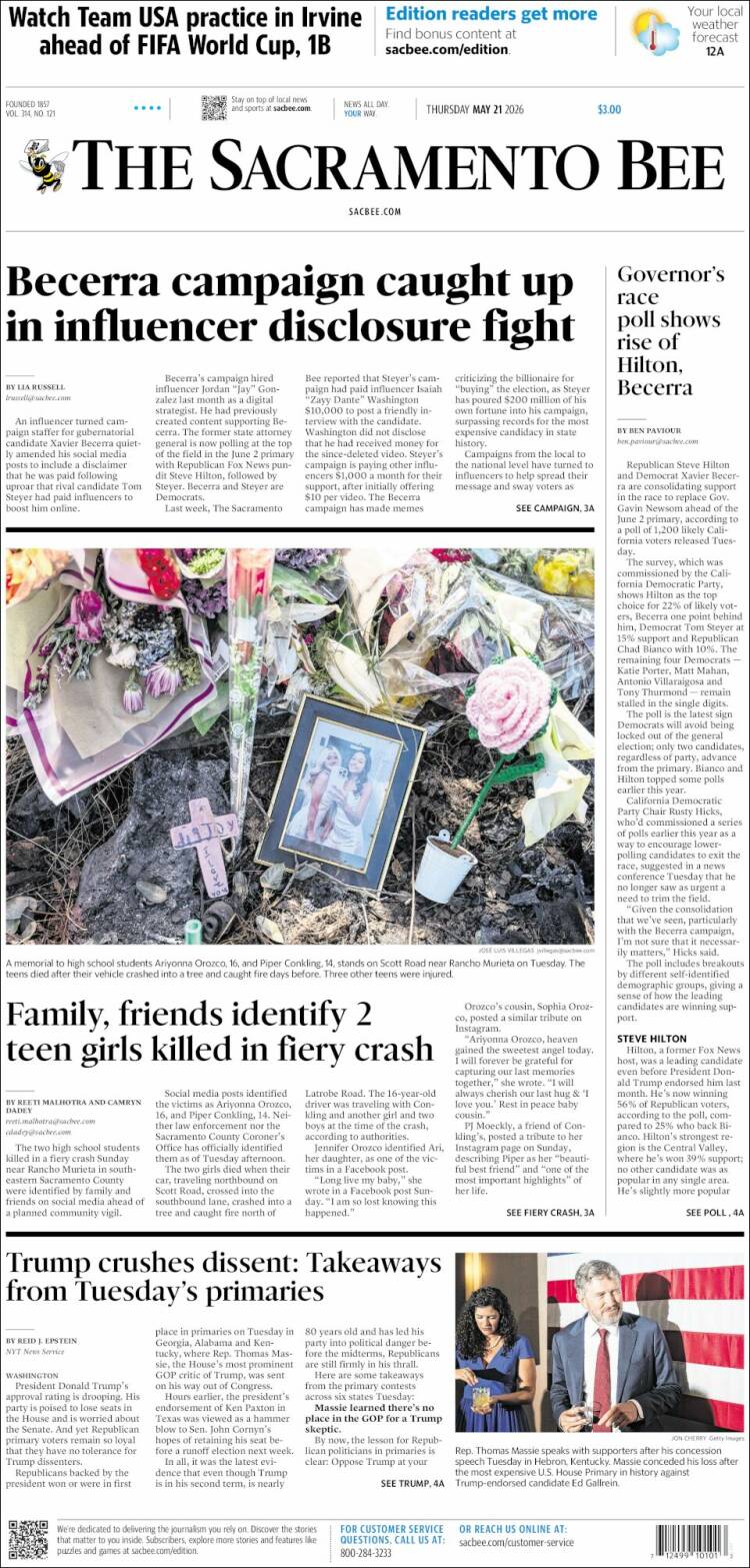 Portada de The Sacramento Bee (USA)