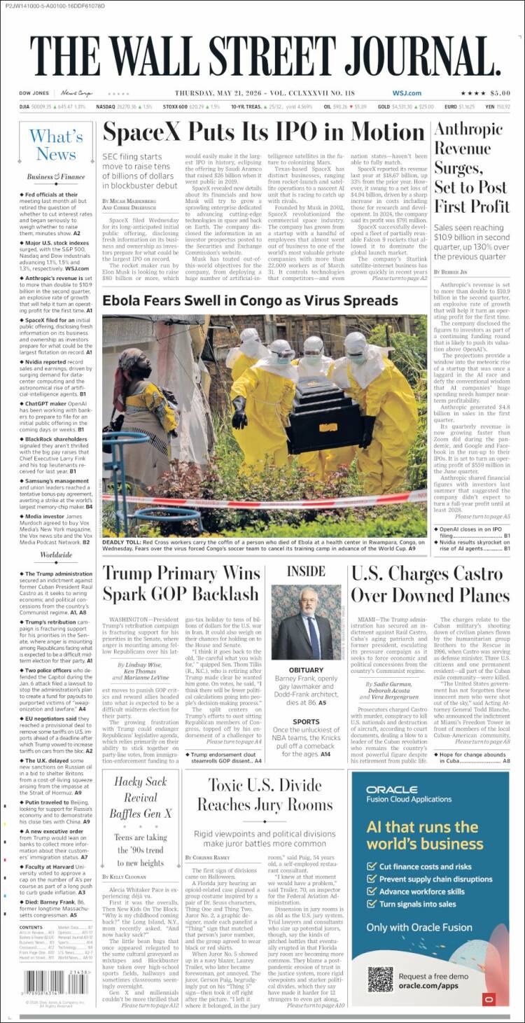Portada de Wall Street Journal (USA)