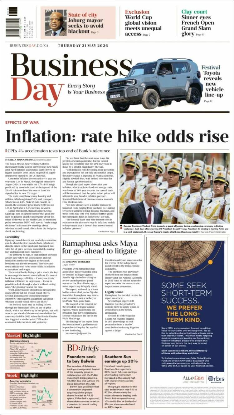 Portada de Business Day (Sud&aacute;frica)