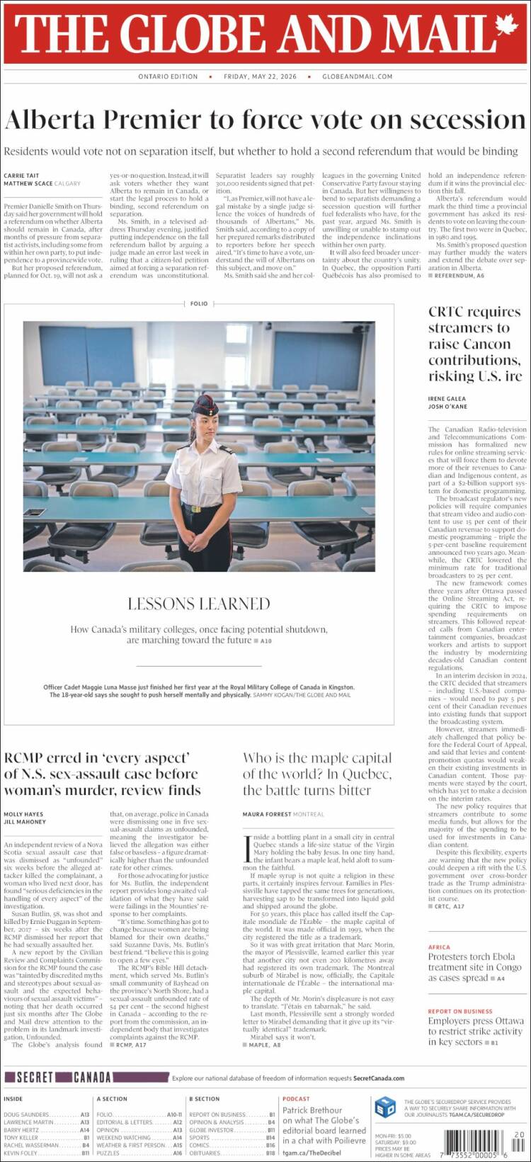 Portada de The Globe and Mail (Canad&aacute;)