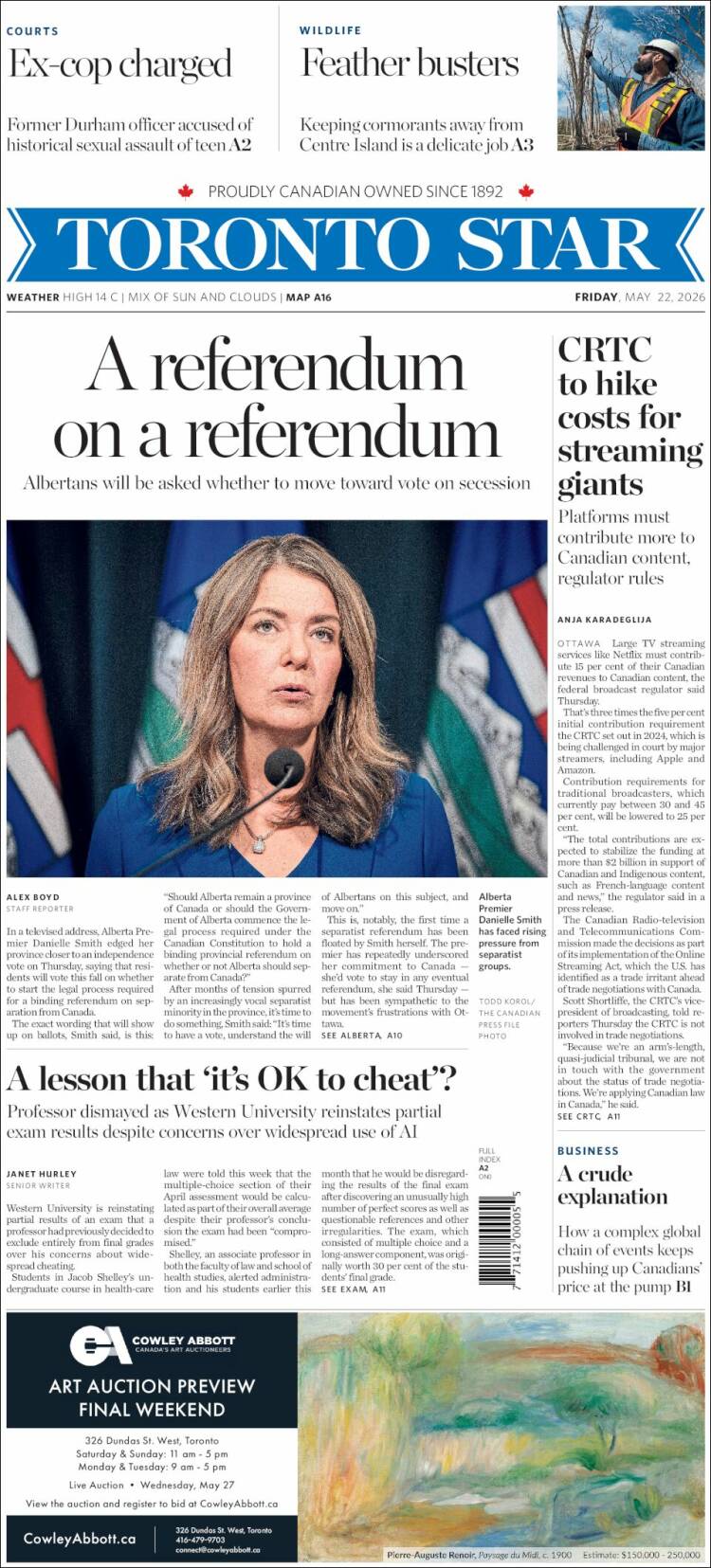 Portada de The Toronto Star (Canad&aacute;)