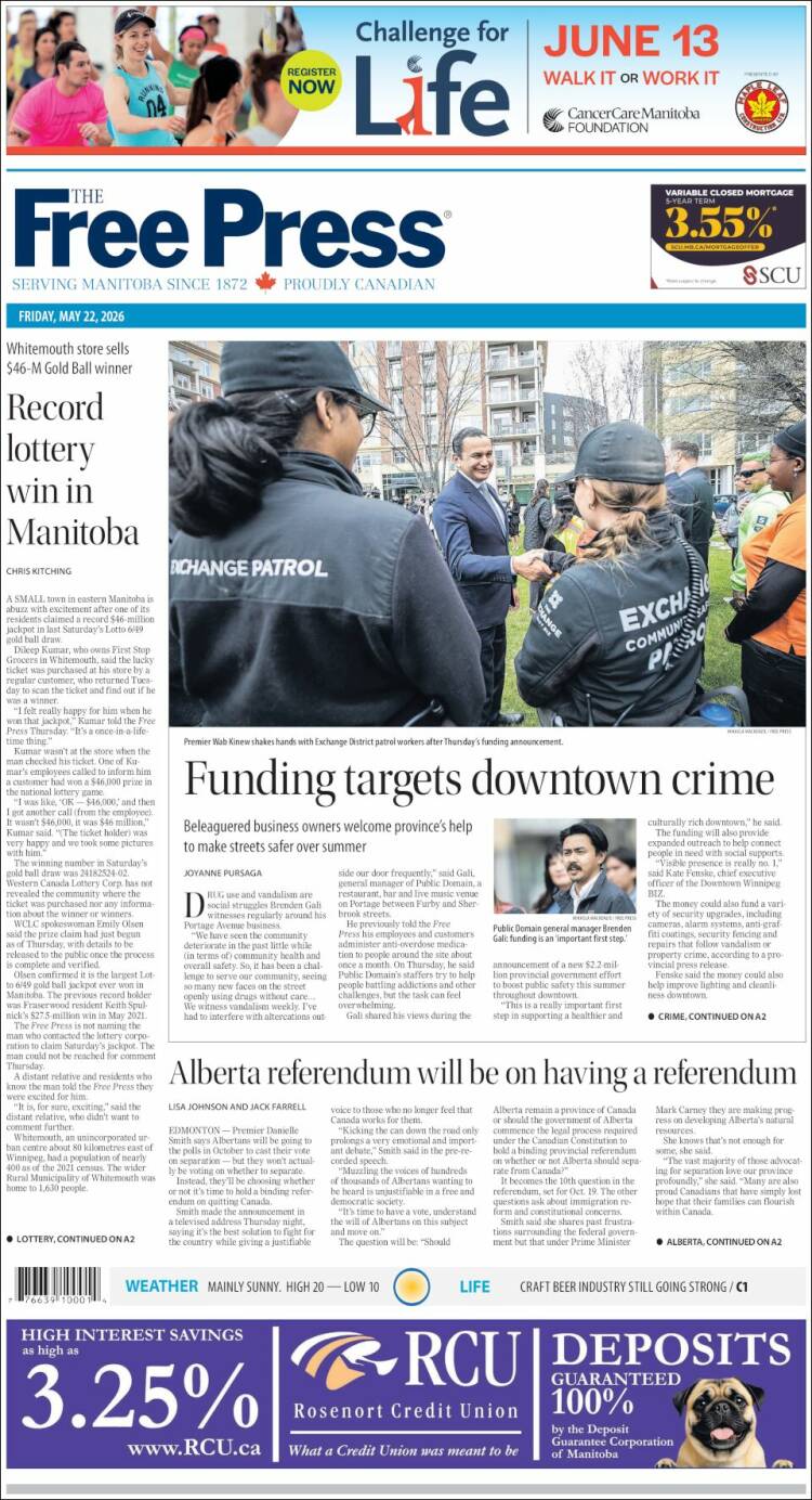 Portada de Winnipeg Free Press (Canad&aacute;)