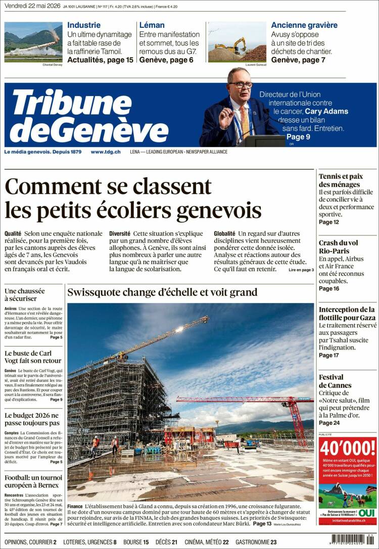 Portada de La Tribune de Genève (Suiza)