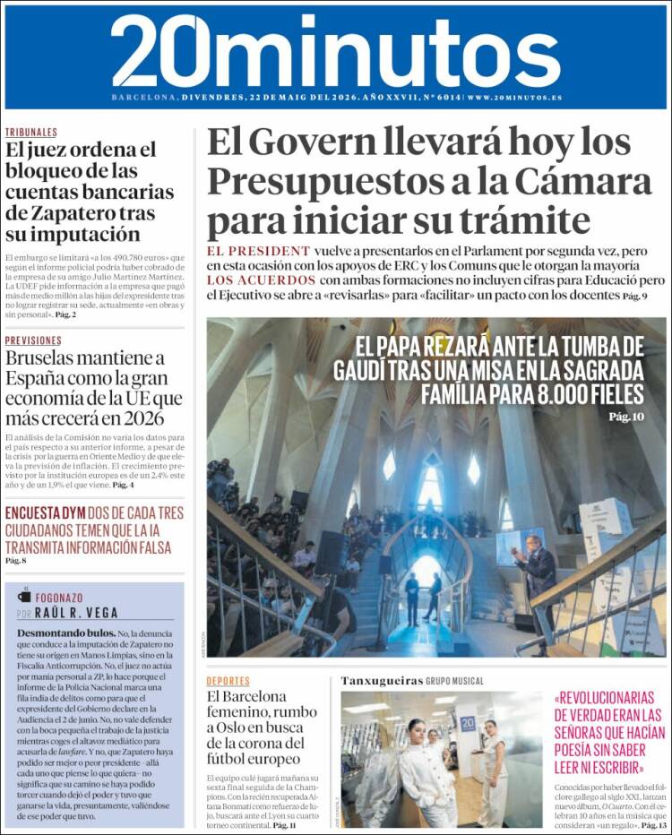 Portada de 20 Minutos - Barcelona (Espa&ntilde;a)