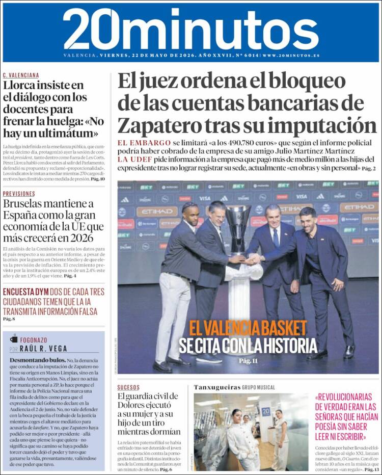 Portada de 20 Minutos - Valencia (Espa&ntilde;a)