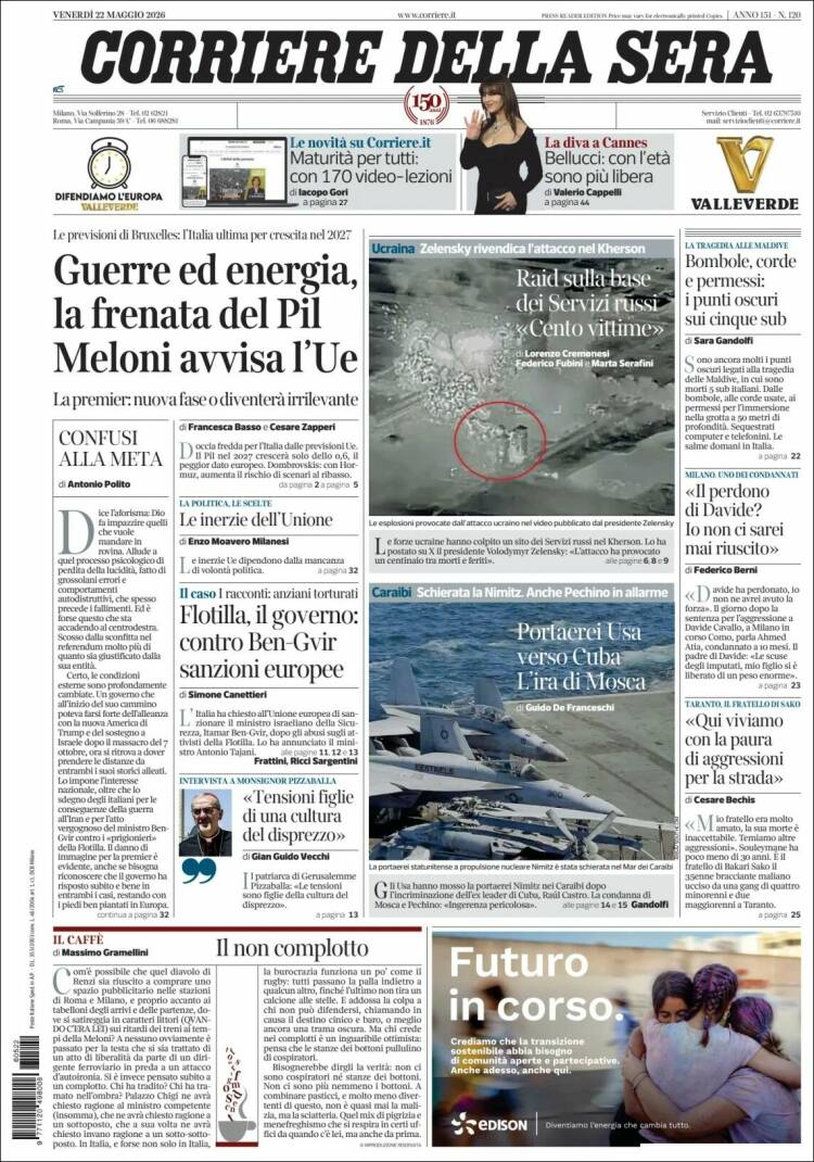 Portada de Corriere della Sera (Italia)