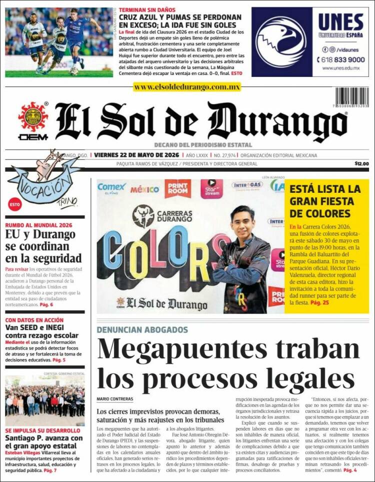 Portada de El Sol de Durango (M&eacute;xico)