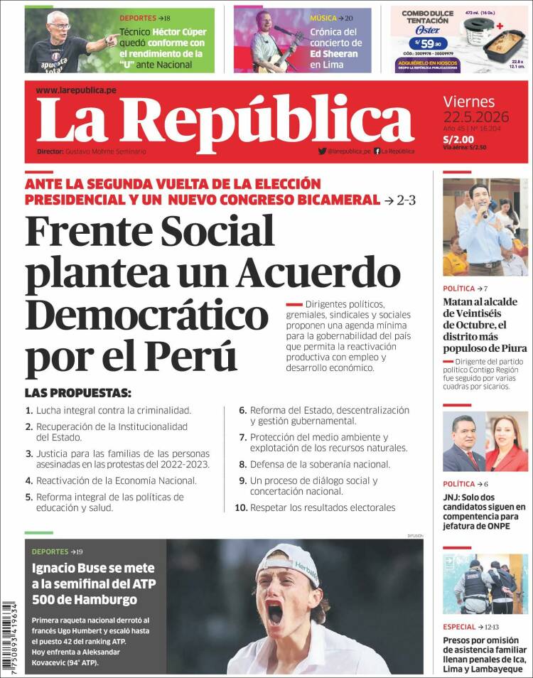 Portada de La Republica (Per&uacute;)