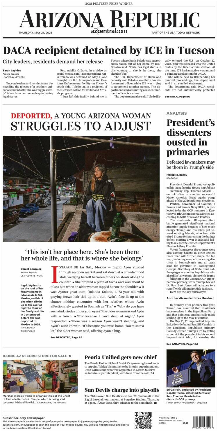 Portada de Arizona Republic News (USA)