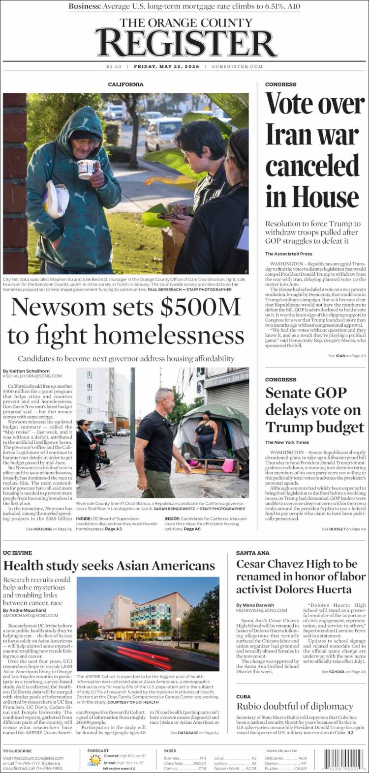 Portada de The Orange County Register (USA)