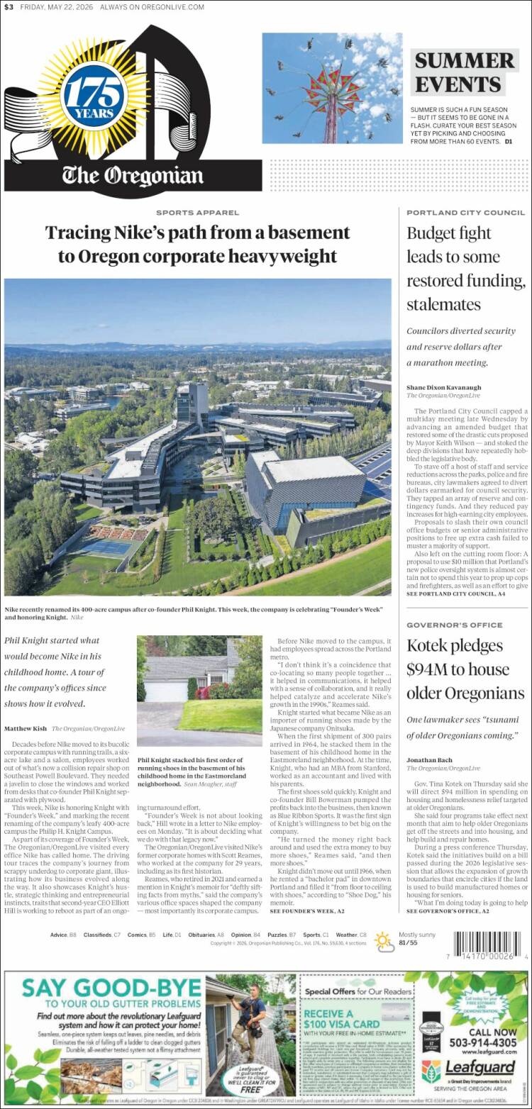 Portada de The Oregonian (USA)