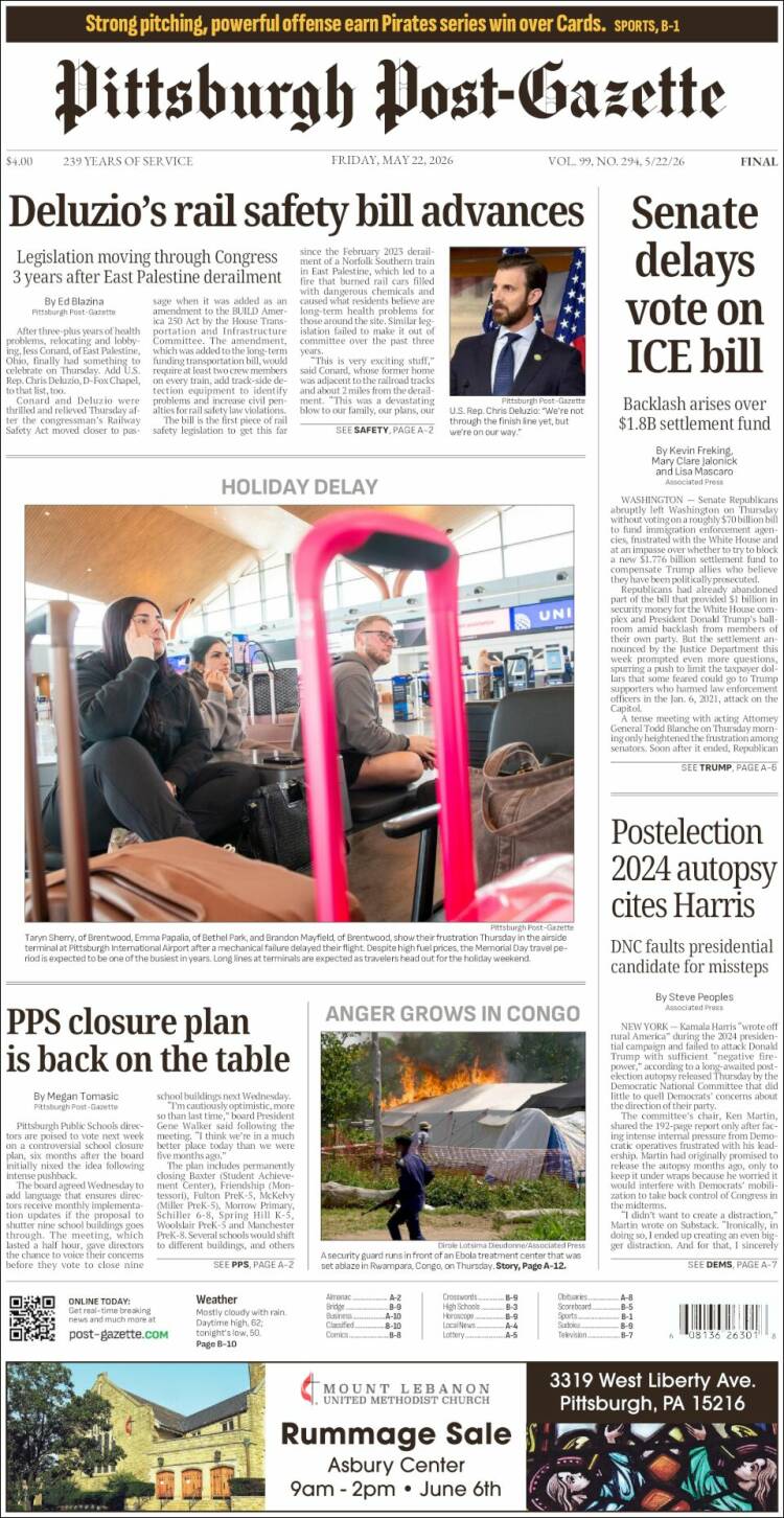 Portada de Pittsburgh Post-Gazette (USA)
