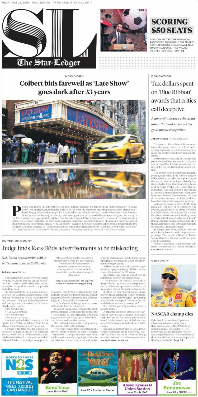 Portada de Star-Ledger (USA)
