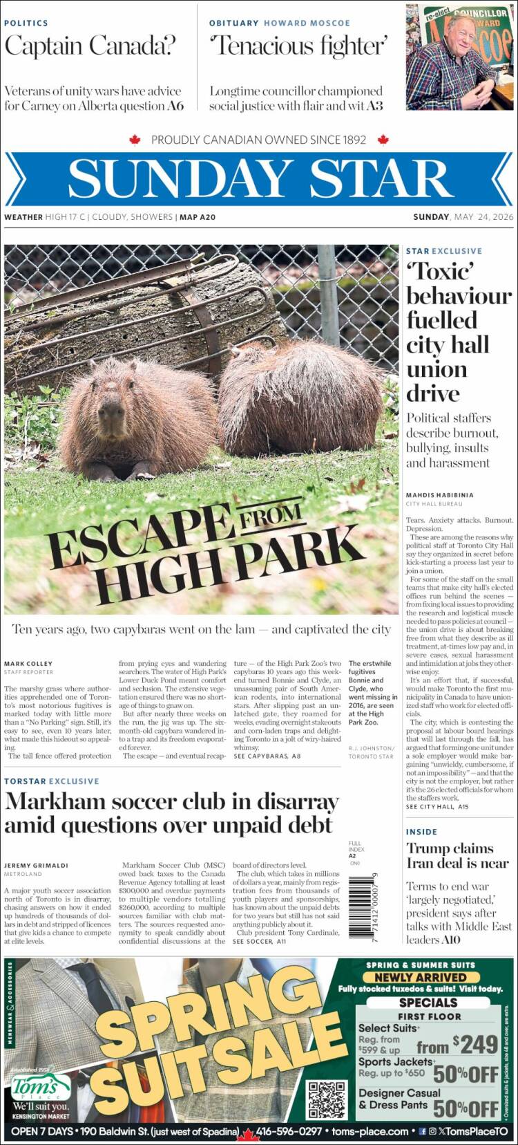 Portada de The Toronto Star (Canad&aacute;)