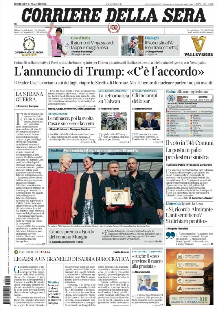 Portada de Corriere della Sera (Italia)