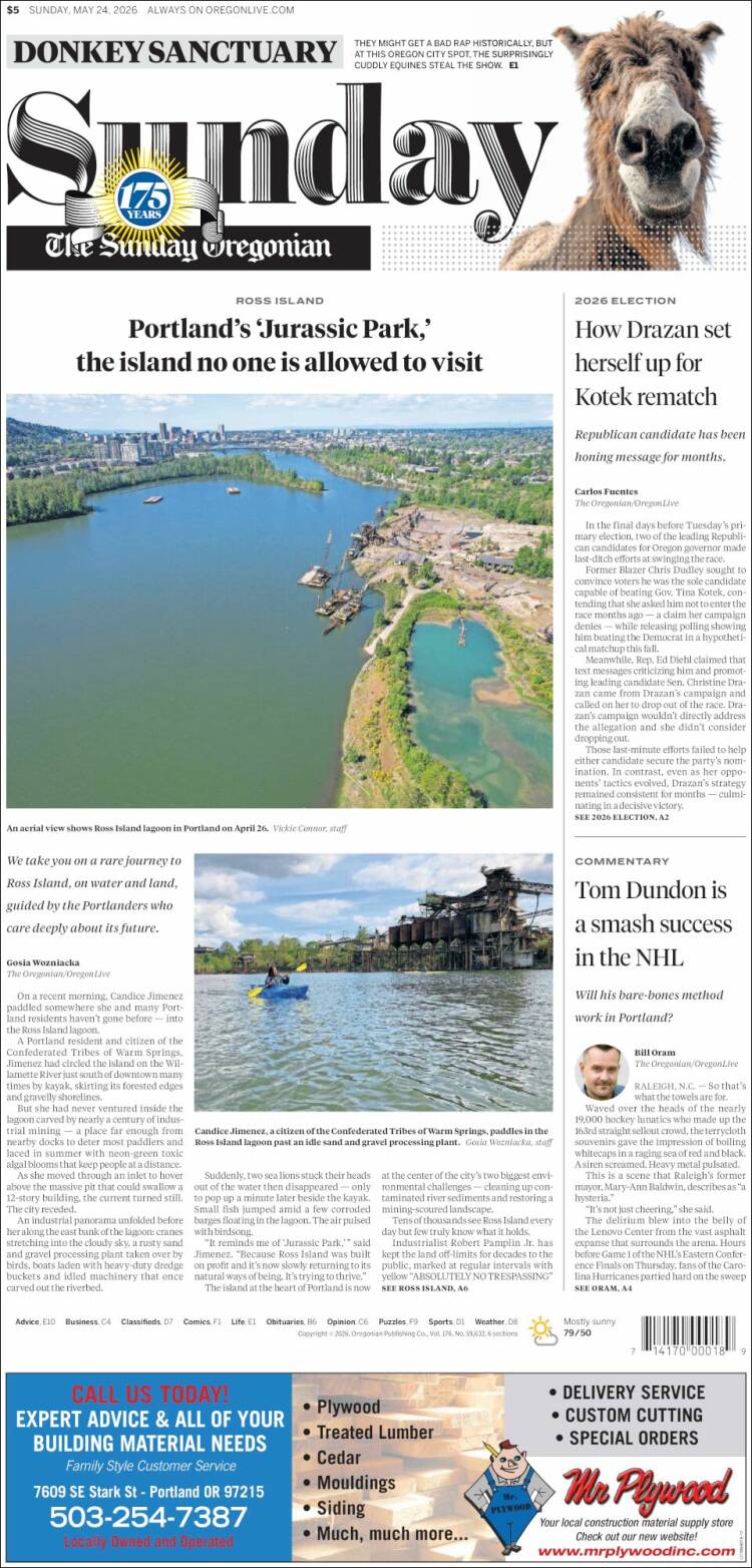 Portada de The Oregonian (USA)
