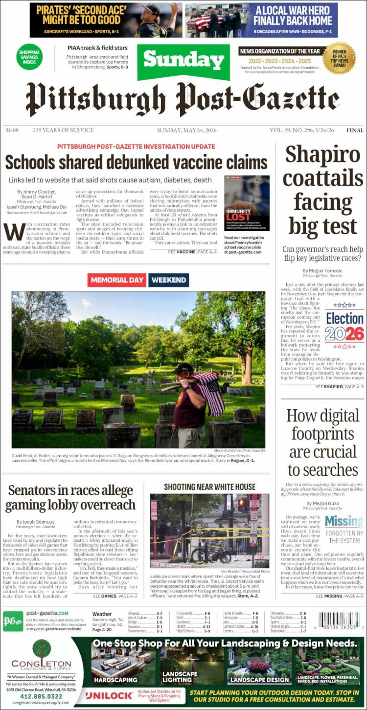 Portada de Pittsburgh Post-Gazette (USA)
