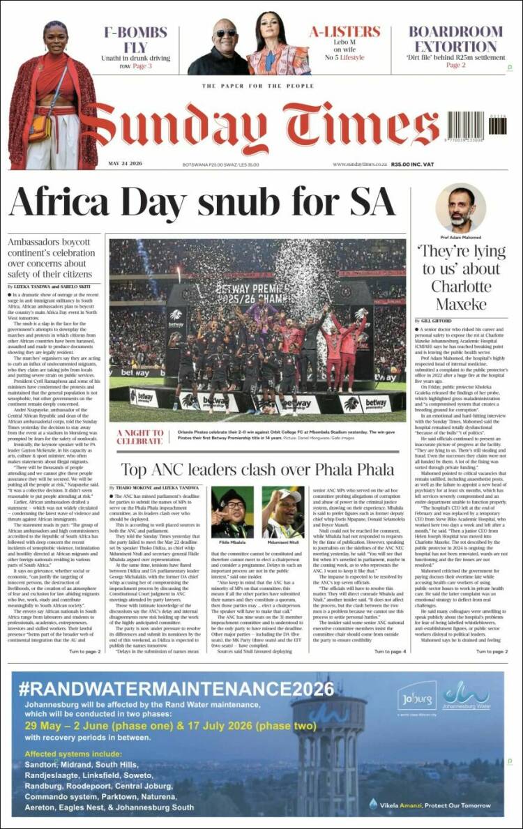 Portada de The Times (Sud&aacute;frica)