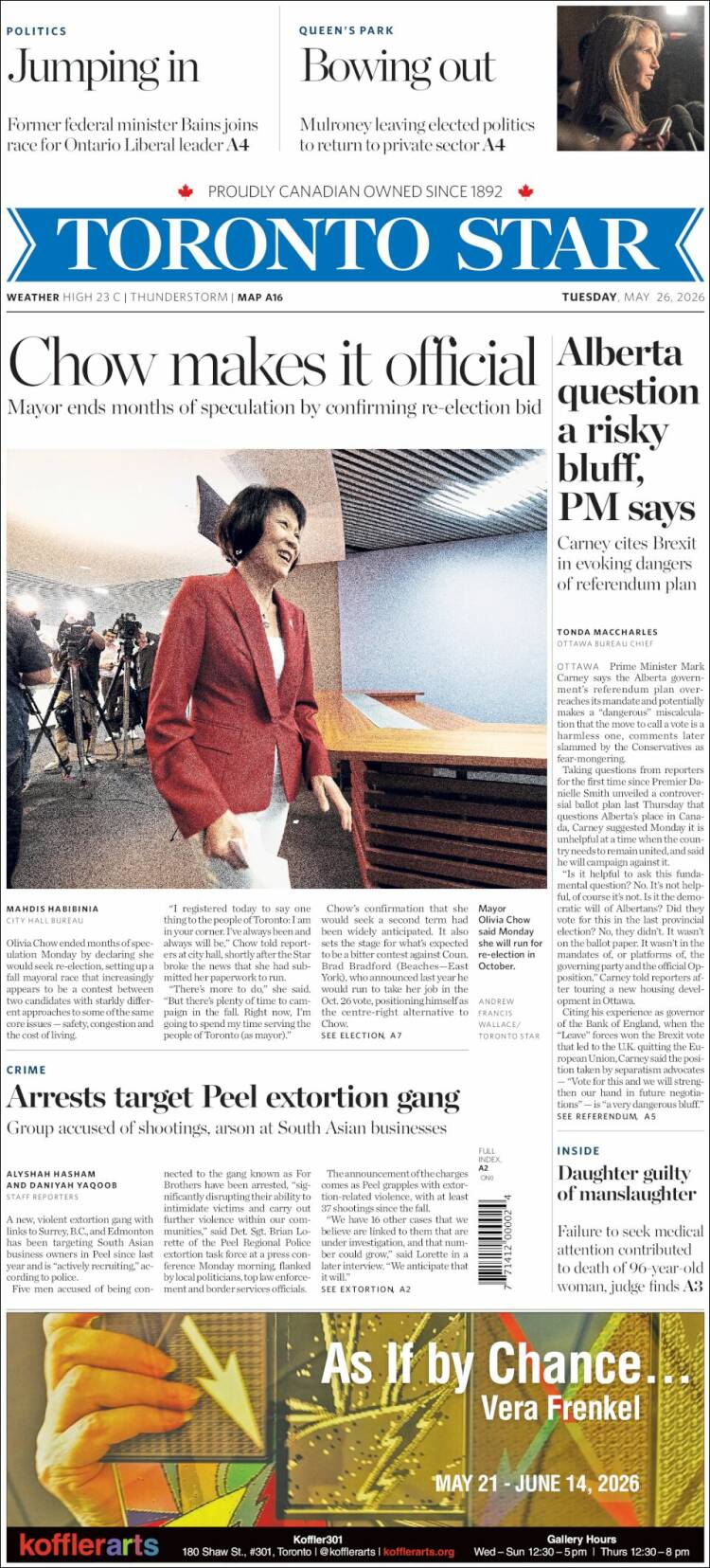 Portada de The Toronto Star (Canad&aacute;)