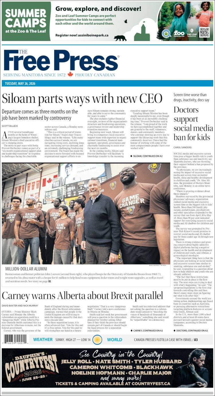 Portada de Winnipeg Free Press (Canad&aacute;)