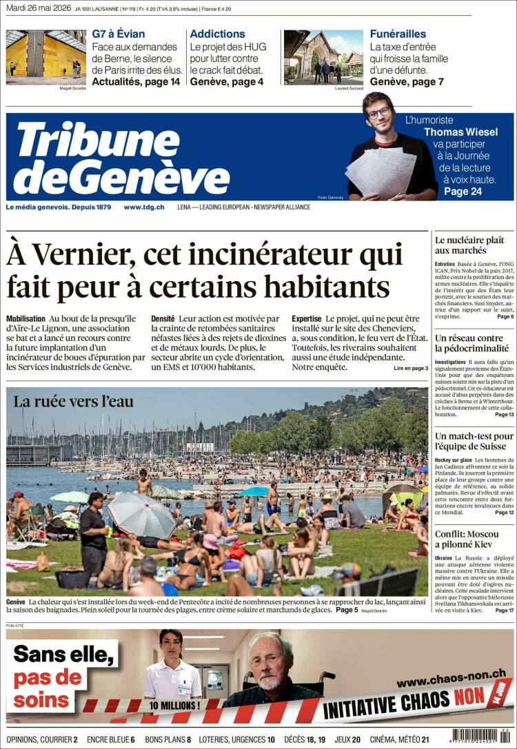 Portada de La Tribune de Genève (Suiza)