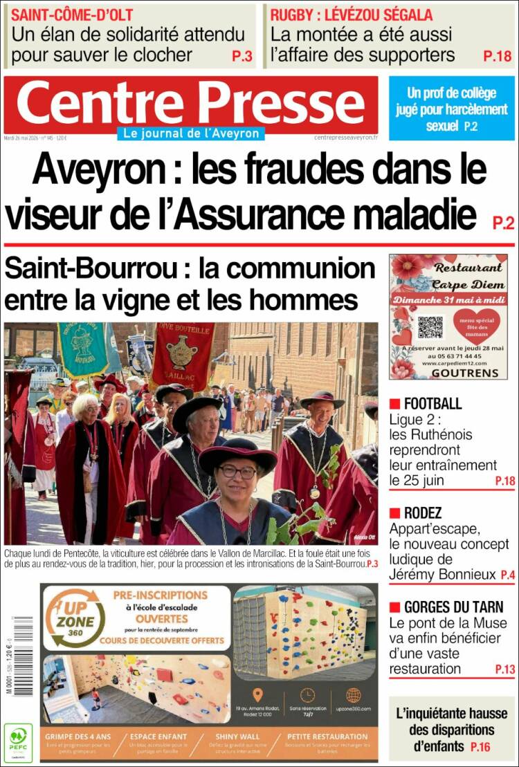 Portada de Centre Presse (Francia)