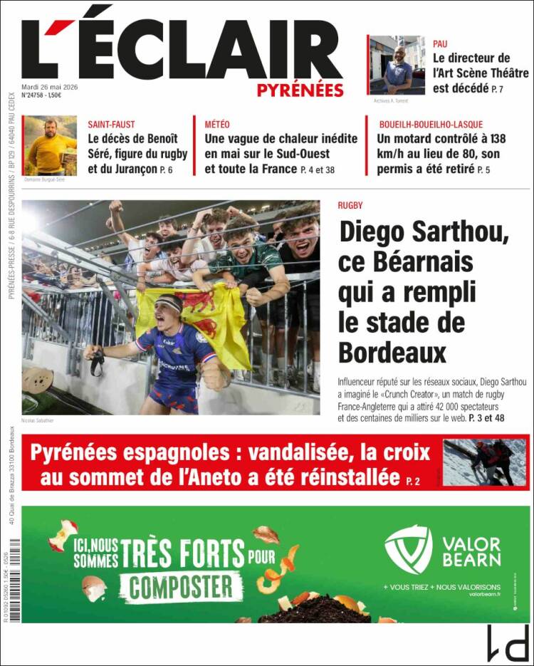 Portada de L'Eclair des Pyrénées (Francia)