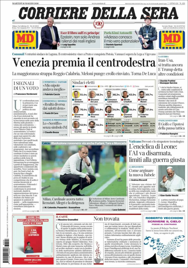 Portada de Corriere della Sera (Italia)