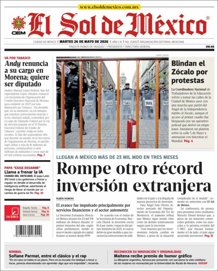 Portada de El Sol de México (M&eacute;xico)