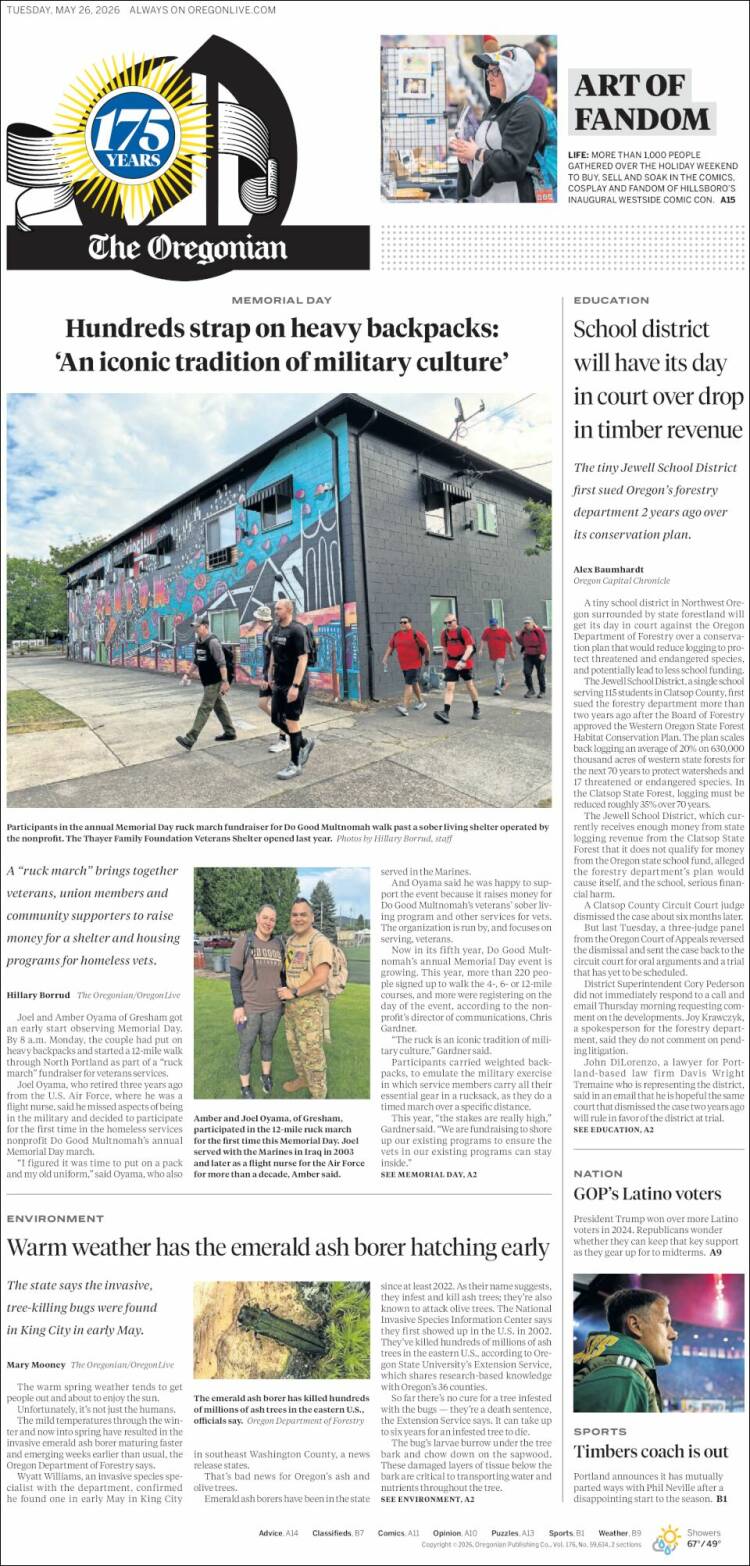 Portada de The Oregonian (USA)