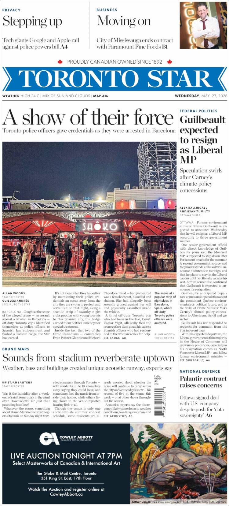 Portada de The Toronto Star (Canad&aacute;)