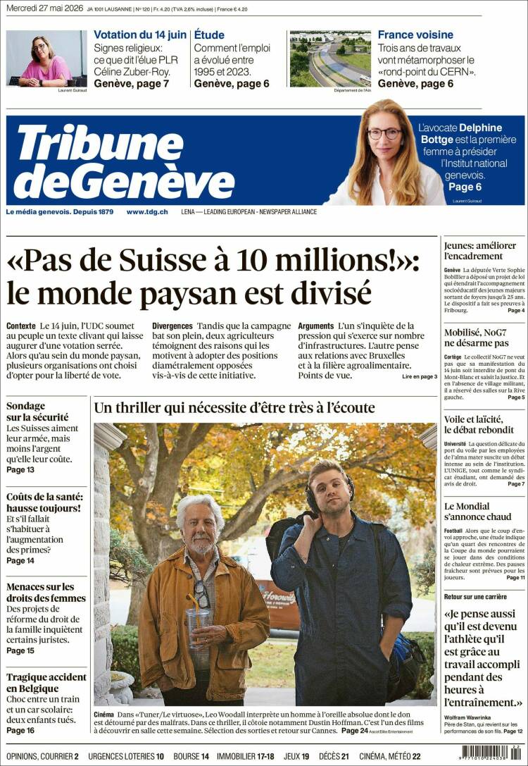 Portada de La Tribune de Genève (Suiza)