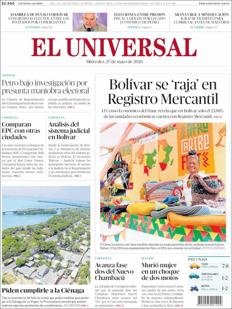 Portada de El Universal (Colombia)