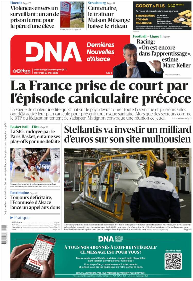 Portada de Les Dernières Nouvelles d'Alsace (Francia)