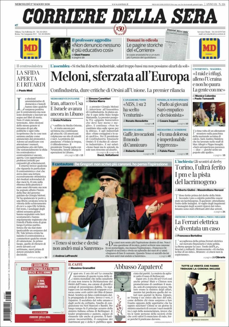 Portada de Corriere della Sera (Italia)