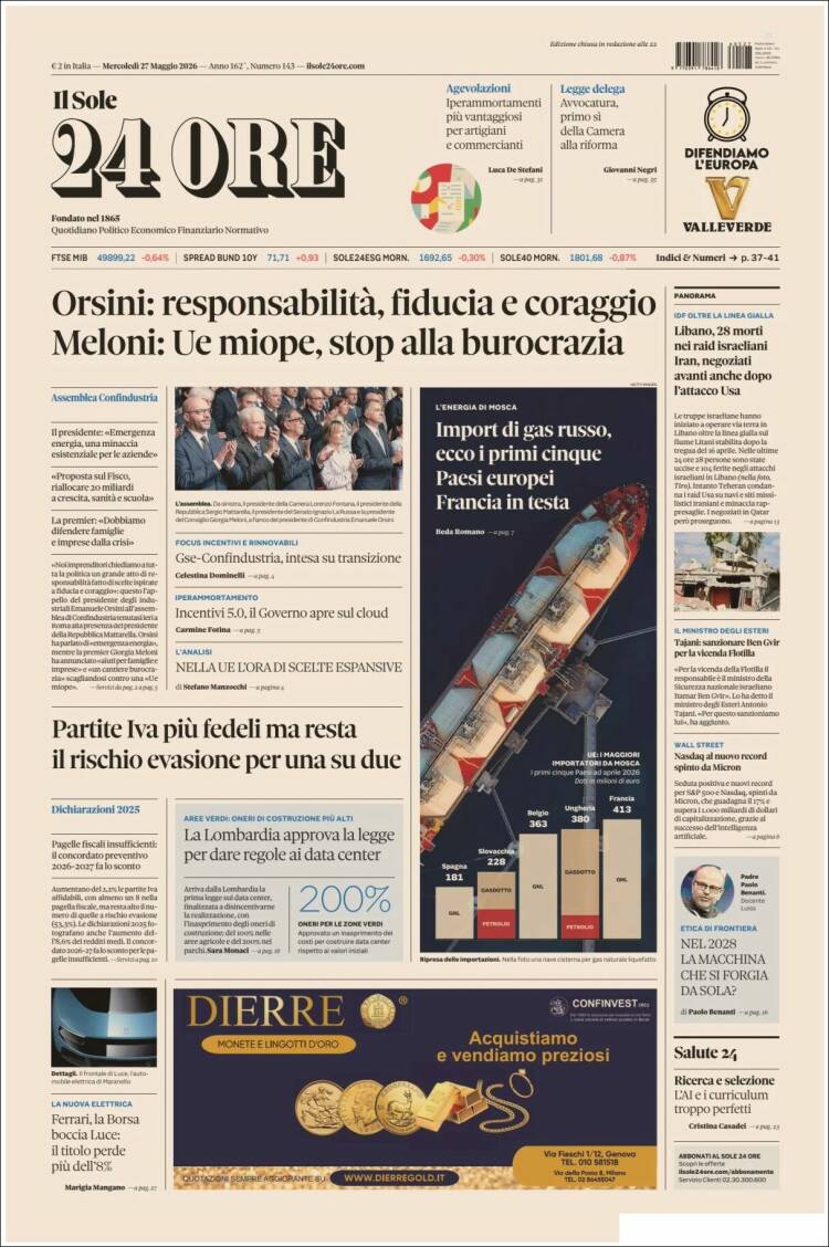 Portada de Il Sole 24 ORE (Italia)