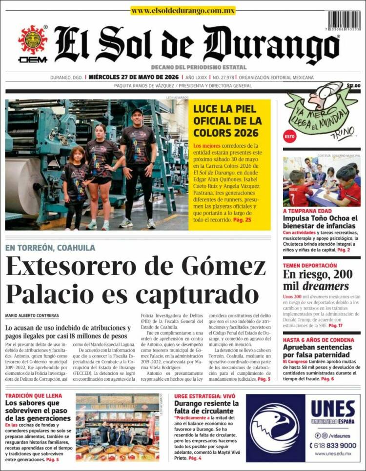 Portada de El Sol de Durango (M&eacute;xico)