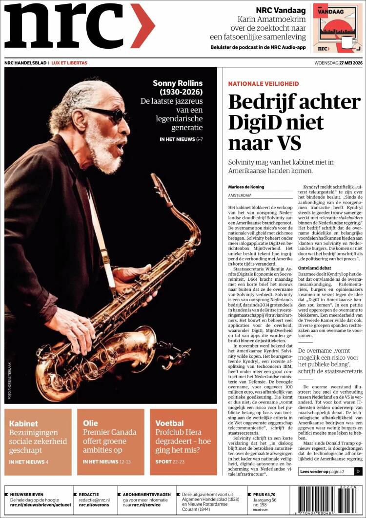 Portada de NRC Handelsblad (Pa&iacute;ses Bajos)