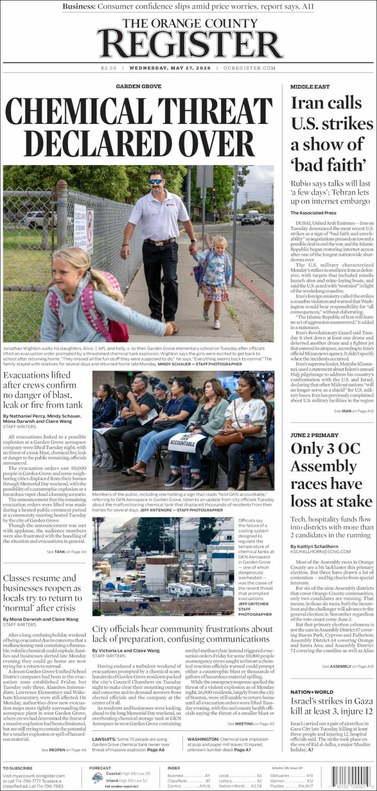 Portada de The Orange County Register (USA)