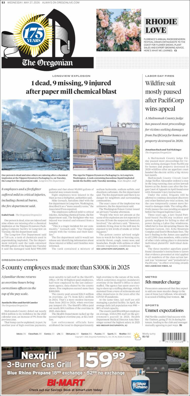 Portada de The Oregonian (USA)