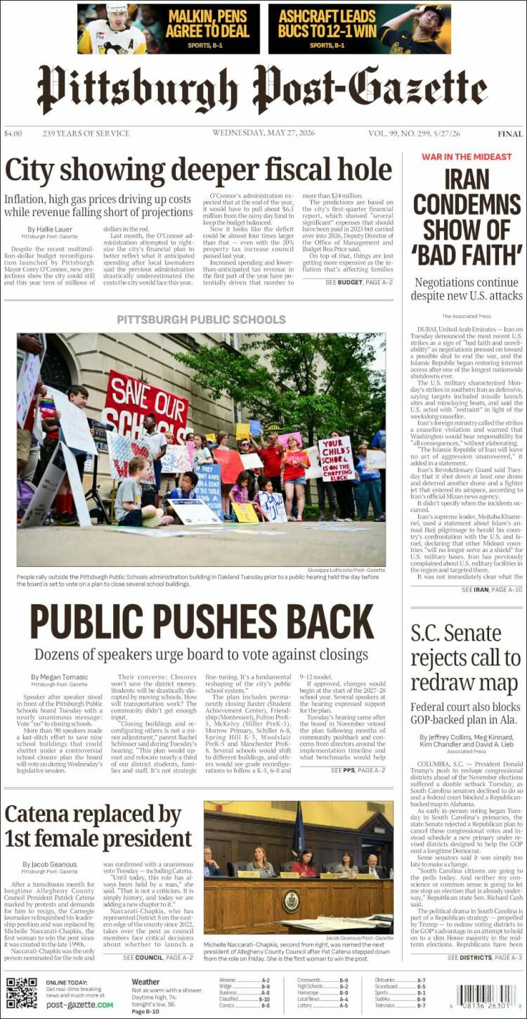 Portada de Pittsburgh Post-Gazette (USA)