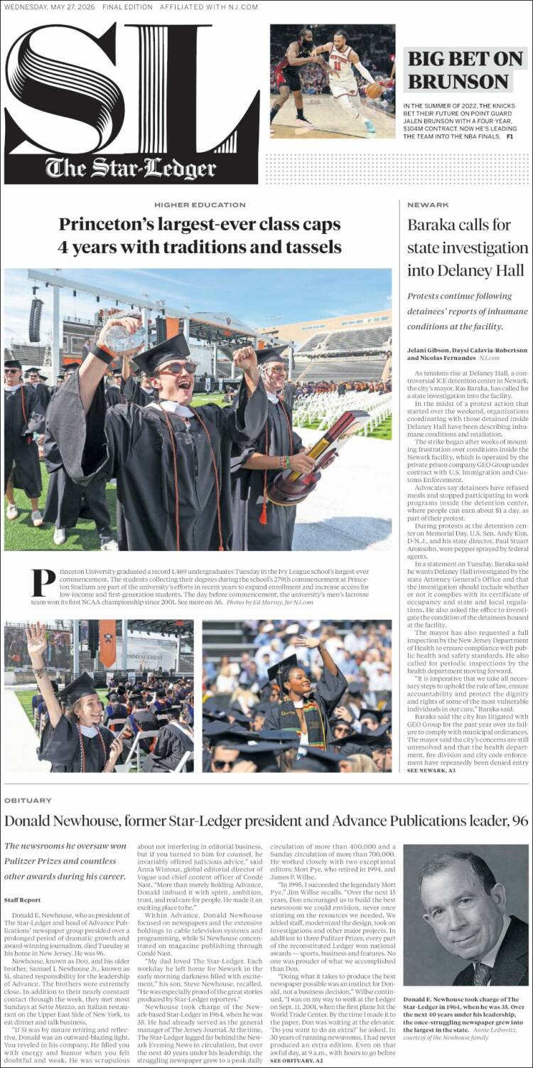 Portada de Star-Ledger (USA)