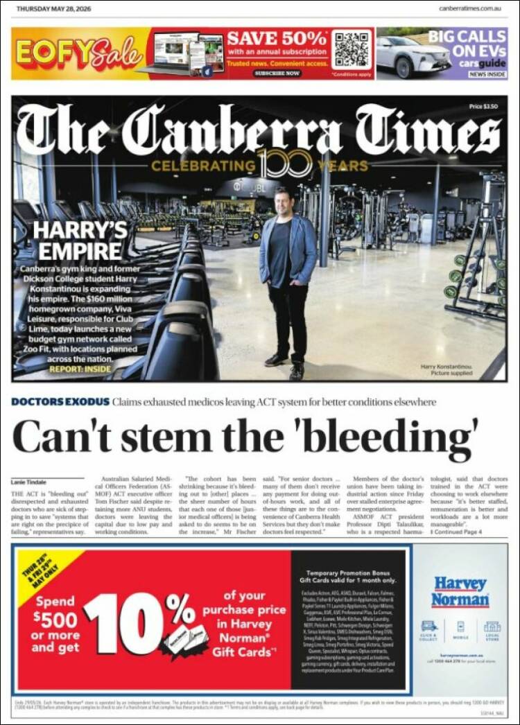 Portada de The Canberra Times (Australia)