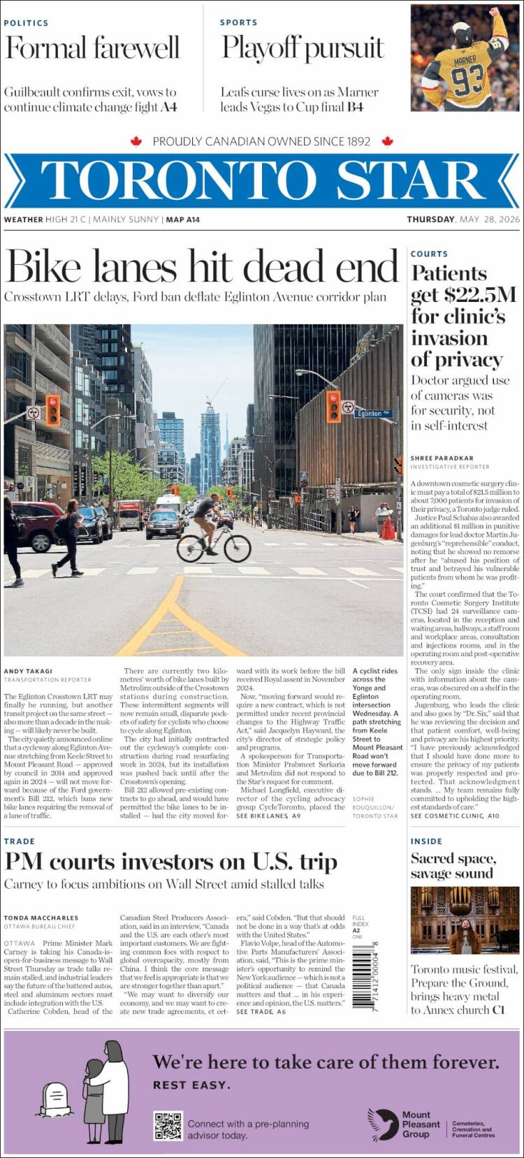 Portada de The Toronto Star (Canad&aacute;)