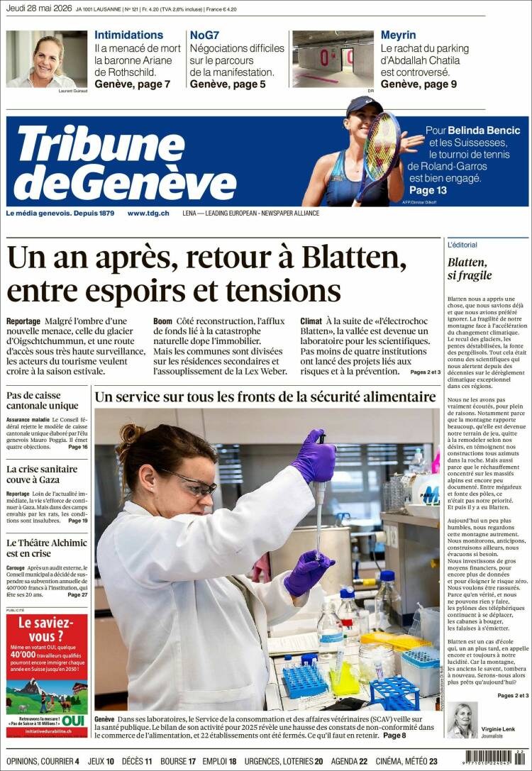Portada de La Tribune de Genève (Suiza)