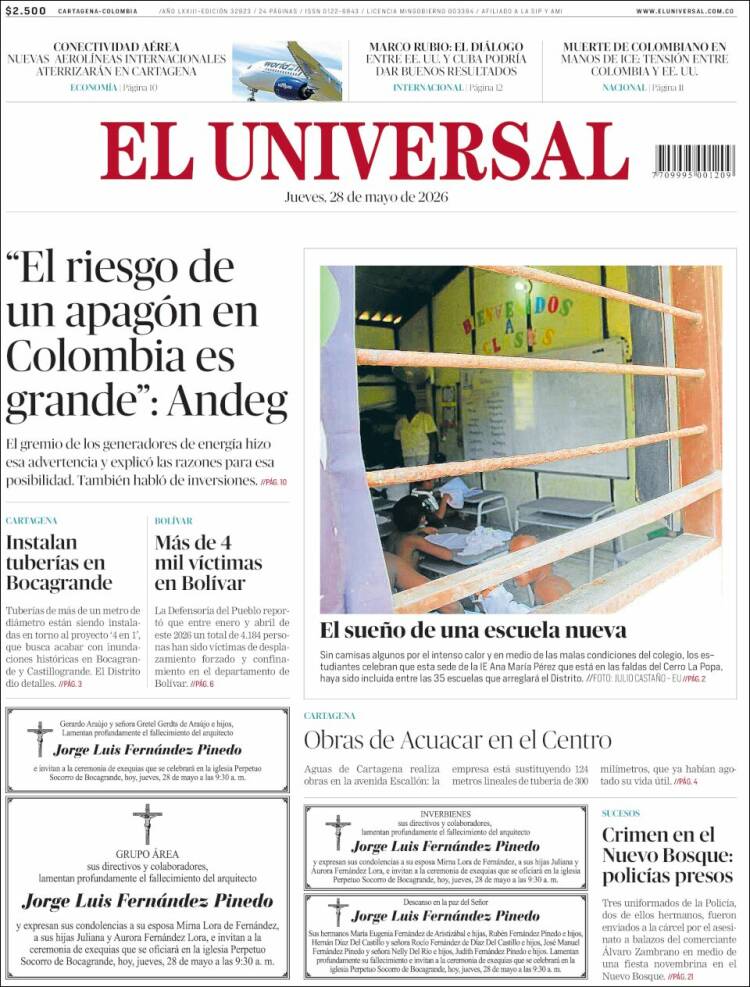 Portada de El Universal (Colombia)